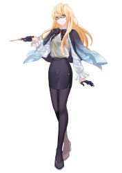 Rule 34 | 1girl, bad id, bad pixiv id, blonde hair, cape, fate/grand order, fate/prototype, fate/prototype: fragments of blue and silver, fate/stay night, fate (series), genderswap, genderswap (mtf), glasses, gloves, high heels, jekyll and hyde (fate), knife, long hair, looking down, miniskirt, mitsuki hana, pantyhose, pencil skirt, pointer, skirt, smile, solo