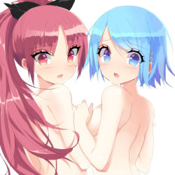 Rule 34 | 2girls, absurdres, bad id, bad pixiv id, black bow, blue eyes, blue hair, blush, blush stickers, bow, commentary request, hair between eyes, hair bow, highres, long hair, mahou shoujo madoka magica, mahou shoujo madoka magica (anime), miki sayaka, misteor, multiple girls, open mouth, red eyes, red hair, sakura kyoko, short hair, white background, yuri