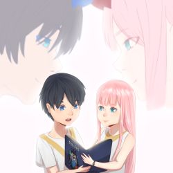 Rule 34 | 10s, 1boy, 1girl, aged down, anichka, bare shoulders, black hair, blue eyes, blue horns, blush, book, collarbone, commentary, couple, darling in the franxx, dual persona, english commentary, face-to-face, facing another, green eyes, hetero, highres, hiro (darling in the franxx), holding, holding book, horns, long hair, looking at another, oni horns, open mouth, pink hair, red horns, shirt, short hair, short sleeves, sleeveless, sleeveless shirt, spoilers, white shirt, zero two (darling in the franxx)