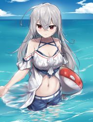 Rule 34 | 1girl, ahoge, arknights, bare shoulders, blue shorts, blue sky, blush, breasts, cleavage, cloud, commentary, cowboy shot, day, hair between eyes, highres, holding, inflatable orca, inflatable toy, kmrk, long hair, looking at viewer, medium breasts, navel, no headwear, off-shoulder shirt, off shoulder, official alternate costume, parted lips, red eyes, shirt, short sleeves, shorts, silver hair, skadi (arknights), skadi (waverider) (arknights), sky, solo, standing, stomach, wading, white shirt
