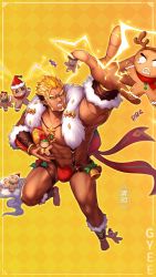Rule 34 | 1boy, abs, artist request, bara, bare pectorals, bell, black hair, blonde hair, briefs, bulge, christmas, cookie, creature, facial hair, fighting stance, food, foreshortening, forked eyebrows, frown, fur-trimmed legwear, fur-trimmed sleeves, fur trim, goatee, gyee, harness, hat, highres, jewelry, jingle bell, large pectorals, long sideburns, male focus, male underwear, multicolored hair, muscular, muscular male, navel, necklace, nipples, official alternate costume, official art, open hand, orange eyes, orange hair, pectorals, pointy ears, raikoh (paradiso guardian), red male underwear, revealing clothes, santa hat, short hair, sideburns, solo, stomach, thick eyebrows, thick thighs, thighs, underwear, wrist cuffs