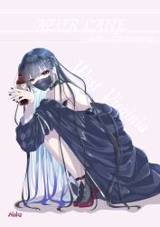 Rule 34 | 1girl, absurdres, anniversary, azur lane, bare shoulders, black choker, black footwear, black hair, black jacket, black mask, black nails, blue hair, bottle, character name, choker, colored inner hair, copyright name, ear piercing, hands up, highres, holding, holding bottle, jacket, long hair, mask, mole, mole under eye, mouth mask, multicolored hair, nail polish, nako nya, off shoulder, oxy-cola (azur lane), piercing, red eyes, signature, simple background, solo, squatting, two-tone hair, two side up, west virginia (azur lane), west virginia (retrofit) (azur lane)