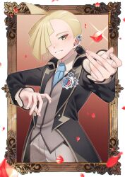 Rule 34 | 1boy, ahoge, blonde hair, blush, coat, collared shirt, commentary request, creatures (company), ear ornament, falling petals, game freak, gladion (pokemon), gladion (sygna suit) (pokemon), green eyes, grin, highres, long sleeves, male focus, mocacoffee 1001, necktie, nintendo, official alternate costume, open clothes, open coat, pants, petals, pokemon, pokemon masters ex, shirt, short hair, smile, solo, teeth, vest