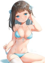 Rule 34 | 1girl, arm up, asymmetrical legwear, bare arms, bare shoulders, bikini, blue bikini, blue bow, blue eyes, blush, bow, breasts, brown hair, cleavage, closed mouth, collarbone, commentary request, front-tie bikini top, front-tie top, hair bow, hand in own hair, head tilt, highres, holding, kinako (shiratama mochi), large breasts, long hair, looking at viewer, navel, original, shadow, side-tie bikini bottom, signature, single thighhigh, sitting, solo, swimsuit, thighhighs, twitter username, uneven legwear, untied bikini, white background, white thighhighs