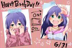 Rule 34 | 10s, :d, ahoge, aqua eyes, covering face, covering own mouth, dated, flying sweatdrops, happy birthday, idolmaster, idolmaster million live!, jewelry, kyouno, light switch, million dreams (idolmaster), mochizuki anna, necklace, notice lines, open mouth, purple hair, smile, star (symbol), striped background, switch, tape, upper body