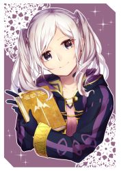 Rule 34 | 1girl, absurdres, bad id, bad pixiv id, black gloves, closed mouth, collarbone, cropped torso, fire emblem, fire emblem awakening, gloves, grey eyes, head tilt, highres, holding, long hair, looking at viewer, nintendo, purple background, robin (female) (fire emblem), robin (fire emblem), silver hair, smile, solo, swept bangs, tida 2112, twintails