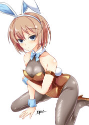 Rule 34 | 1girl, alternate costume, animal ears, arm strap, arm support, arm under breasts, ass, bare shoulders, between legs, blanc (neptunia), blue eyes, blush, bodysuit, bodysuit under clothes, bow, bowtie, breast rest, breasts, brown hair, commentary request, detached collar, expressionless, from above, frown, full body, hair between eyes, hand between legs, high heels, kneeling, kyou (hibikit), leaning forward, legs, leotard, looking at viewer, looking up, medium hair, neptune (series), playboy bunny, rabbit ears, rabbit tail, simple background, small breasts, solo, spread legs, tail, thighs, white background, white bow, white bowtie, wrist cuffs, yellow leotard