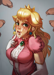 Rule 34 | 1girl, blonde hair, blue eyes, blush, breasts, bukkake, crown, cum, disembodied penis, dress, earrings, elbow gloves, flaccid, gem, gloves, jewelry, large breasts, lips, lipstick, long hair, makeup, mario (series), nintendo, nose, penis, pink dress, princess peach, puffy sleeves, solo focus, surrounded by penises, triuni, uncensored