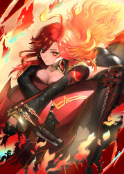 1girl absurdres ahoge ass biker_clothes black_bikesuit black_gloves bodysuit breasts cleavage earrings flamestrider_(genshin_impact) genshin_impact gloves highres jewelry long_hair long_sleeves looking_at_viewer mavuika_(genshin_impact) motor_vehicle motorcycle multicolored_hair on_motorcycle orange_eyes orange_hair red_hair seho_park_187 smile sun_earrings sunburst_iris two-tone_hair very_long_hair