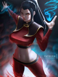 Rule 34 | 1girl, avatar: the last airbender, avatar legends, azula, black hair, blue fire, breasts, cowboy shot, fighting stance, fire, large breasts, lolliedrop, long hair, looking at viewer, midriff, navel, orange eyes, ponytail, signature, solo, stomach, tagme, v-shaped eyebrows