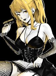Rule 34 | 1girl, amane misa, artist name, bare shoulders, black background, black dress, black lips, black nails, black theme, blonde hair, book, breasts, cleavage, collar, death note, dress, fishnet thighhighs, fishnets, frilled dress, frills, jewelry, looking at viewer, miss faves, necklace, smile, solo, strapless, strapless dress, thighhighs, yellow eyes