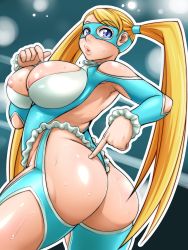 Rule 34 | 1girl, ass, blonde hair, breasts, c84-91, capcom, highres, kechin (oreteki18kin), large breasts, mask, rainbow mika, solo, street fighter, sweat, twintails