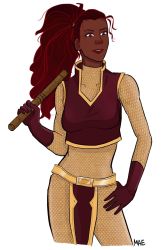 Rule 34 | 1girl, armor, dark skin, dark-skinned female, dc comics, empress (dc), female focus, hand on own hip, highres, parted lips, ponytail, solo, weapon, young justice