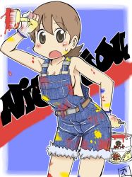 Rule 34 | 1girl, aioi yuuko, armpits, belt, blue background, breasts, brown eyes, brown hair, dirty, gloves, looking at viewer, naked overalls, nichijou, open mouth, overalls, paint, paintbrush, short hair, sideboob, solo, sweat, zubatto