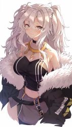 Rule 34 | 1girl, animal ears, bare shoulders, belt, blush, breasts, cleavage, closed mouth, commentary, darjeeling (reley), earrings, fur-trimmed jacket, fur trim, grey eyes, grey hair, hair between eyes, highres, hololive, jacket, jewelry, large breasts, lion ears, lion girl, long hair, looking at viewer, messy hair, midriff, navel, necklace, off shoulder, see-through, see-through cleavage, shirt, shishiro botan, shishiro botan (1st costume), skirt, smug, solo, two side up, virtual youtuber