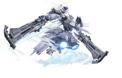 Rule 34 | absurdres, armored core, armored core 6, azur lane, chest cannon, commentary, dishwasher1910, dual wielding, english commentary, flying, guam (azur lane), gun, highres, holding, holding gun, holding weapon, mecha, no humans, robot, rocket engine, shoulder cannon, thrusters, weapon
