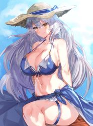 Rule 34 | 1girl, bikini, bikini top only, blue sky, braid, breasts, cleavage, cloud, collarbone, eno yukimi, granblue fantasy, hat, highres, large breasts, long hair, looking at viewer, midriff, navel, sarong, silva (granblue fantasy), silver hair, sky, smile, solo, straw hat, swimsuit, thick thighs, thighs, twin braids, yellow eyes