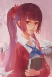 Rule 34 | 1girl, artist name, bad id, bad pixiv id, book, dongfang zhizi, flower, gradient background, highres, jn3, looking at viewer, original, red eyes, red hair, ribbon, smile, solo, twintails, utau