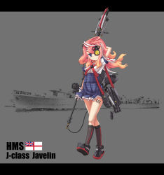 Rule 34 | 1girl, absurdres, blonde hair, blue eyes, character name, english text, gradient hair, highres, hms javelin (zhan jian shao nyu), javelin, javelin (warship girls r), letterboxed, multicolored hair, official art, photo background, pleated skirt, red hair, royal navy, sirills, skirt, smile, solo, warship girls r, zhan jian shaonu