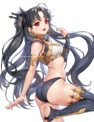 Rule 34 | 1girl, armlet, ass, asymmetrical legwear, asymmetrical sleeves, bare shoulders, bikini, black hair, blush, breasts, detached sleeves, earrings, fate/grand order, fate (series), gold trim, highres, hoop earrings, ishtar (fate), jewelry, long hair, looking at viewer, medium breasts, mismatched bikini, neck ring, open mouth, parted bangs, red eyes, ruhee, simple background, single detached sleeve, single thighhigh, smile, solo, swimsuit, thighhighs, thighs, tiara, toeless legwear, two side up, uneven legwear, uneven sleeves, white background