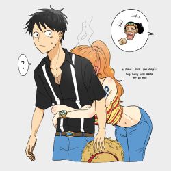 Rule 34 | 1boy, 1girl, ?, bent over, black shirt, blue pants, blush, couple, cropped legs, denim, ear blush, embarrassed, expressionless, from behind, hat, highres, hug, hug from behind, jeans, kkmaro, laughing, leaning forward, long hair, midriff, monkey d. luffy, nami (one piece), navel, one piece, orange hair, pants, ponytail, question mark, scar, shirt, speech bubble, straw hat, sweatdrop, tattoo, usopp