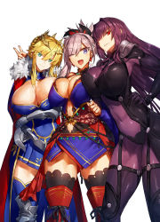 Rule 34 | 3girls, :d, armor, artoria pendragon (fate), artoria pendragon (lancer) (fate), black legwear, blue eyes, blue kimono, bodysuit, braid, breast press, breasts, cape, cleavage, clothing cutout, commentary request, covered navel, crown, detached sleeves, earrings, fate/grand order, fate (series), french braid, fur collar, gauntlets, hair intakes, hair ornament, highres, japanese clothes, jewelry, kimono, large breasts, long hair, looking at viewer, melon22, miyamoto musashi (fate), miyamoto musashi (third ascension) (fate), multiple girls, navel cutout, one eye closed, open mouth, pink hair, ponytail, purple bodysuit, purple hair, red eyes, scathach (fate), shoulder armor, sidelocks, sleeveless, sleeveless kimono, smile, thighhighs, v, wide sleeves, yamoge