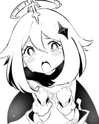 Rule 34 | 1girl, blue eyes, cape, crying, crying with eyes open, dress, genshin impact, greyscale, halo, highres, looking at viewer, monochrome, open mouth, paimon (genshin impact), saijima yuuki, scarf, short hair, tears, white dress, white hair