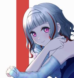 Rule 34 | 1girl, ame (amedayo njgk), backlighting, blue dress, blush, braid, closed mouth, commentary request, detached sleeves, diagonal bangs, dress, earrings, french braid, frilled dress, frills, grey hair, hairband, highres, jewelry, link! like! love live!, long sleeves, looking at viewer, love live!, multicolored hair, official alternate costume, official alternate hairstyle, pink eyes, red background, red hair, short hair, sidelocks, single-shoulder dress, single detached sleeve, sleeves past wrists, smile, solo, streaked hair, striped background, tsubasa la liberte (love live!), virtual youtuber, wavy hair, white background, white hairband, yugiri tsuzuri