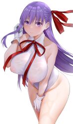 Rule 34 | 1girl, absurdres, arind yudha, bare shoulders, bb (fate), bb (fate) (all), bb (swimsuit mooncancer) (fate), bb (swimsuit mooncancer) (third ascension) (fate), blush, breasts, collarbone, covered erect nipples, fate/grand order, fate (series), gloves, hair ribbon, highleg, highleg leotard, highres, large breasts, leotard, long hair, looking at viewer, neck ribbon, nipples through clothes, purple eyes, purple hair, red ribbon, ribbon, see-through, smile, solo, thighs, very long hair, wet, white gloves, white leotard