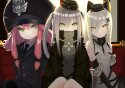 Rule 34 | 3girls, 88 flak (ash arms), absurdres, ash arms, coat, couch, green eyes, grey hair, hair between eyes, hair ornament, hairclip, hat, highres, huge filesize, koisuke, long hair, looking at viewer, maus (ash arms), military, military hat, military uniform, multiple girls, red hair, sitting, sleeveless, smile, trench coat, twintails, uniform, vk16.02 leopard (ash arms), window
