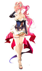Rule 34 | 10s, 1girl, alternate costume, alternate hairstyle, arm up, bare shoulders, blue eyes, blush, breasts, cleavage, detached sleeves, flower, full body, hair flower, hair ornament, hand to head, large breasts, legs together, long hair, looking at viewer, maria cadenzavna eve, nail polish, naye, pink hair, ponytail, senki zesshou symphogear, shiny skin, shoes, simple background, skirt, smile, solo, standing, thigh strap, very long hair, white background