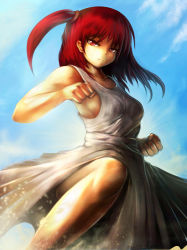 Rule 34 | 1girl, :t, bad id, bad pixiv id, cloud, day, legs, magi the labyrinth of magic, morgiana, red eyes, red hair, short hair, side ponytail, sky, solo, yilx