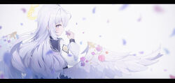 Rule 34 | 1girl, absurdres, angel wings, azusa (blue archive), black dress, blue archive, dress, feathered wings, flower, halo, highres, holding, holding flower, jacket, letterboxed, long hair, long sleeves, petals, pink eyes, pink flower, profile, purple flower, qingshanbm, solo, textless version, white hair, white jacket, white wings, wings, yellow halo