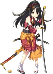Rule 34 | 1girl, artist request, black hair, detached sleeves, full body, hair ornament, high ponytail, holding, holding sword, holding weapon, katana, long hair, official art, oshiro project:re, oshiro project:re, sheath, sheathed, standing, sword, torn clothes, transparent background, unsheathed, weapon, yagyuu (oshiro project), yellow eyes