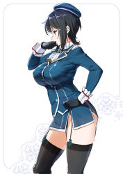 Rule 34 | 1girl, ascot, beret, black gloves, black hair, black panties, black thighhighs, blue hat, blue jacket, breasts, facing to the side, from side, garter straps, gloves, hand on own hip, hand to own mouth, hat, highres, jacket, kantai collection, large breasts, long sleeves, mikemono yuu, military jacket, panties, pantyshot, short hair, simple background, solo, takao (kancolle), thighhighs, underwear