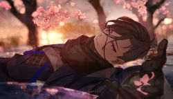 Rule 34 | 00kashian00, 1boy, black gloves, black hair, black scarf, cherry blossoms, closed mouth, commentary request, expressionless, fate/grand order, fate (series), flower, gloves, highres, holding, holding petal, japanese clothes, kimono, long sleeves, looking at viewer, lying, lying on water, male focus, mask, mask pull, mouth mask, petals, pink flower, purple eyes, scarf, short hair, solo, twitter username, upper body, wide sleeves, yamanami keisuke (fate)