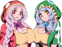 Rule 34 | 2girls, amazon tree boa (kemono friends), asymmetrical docking, blue hair, bow, bowtie, braid, breast press, breasts, cleavage, closed mouth, d:, emerald tree boa (kemono friends), furrowed brow, head tilt, highres, hood, hood up, hooded jacket, jacket, kemono friends, large breasts, light blush, long hair, looking at viewer, mamiyama, multiple girls, open clothes, open jacket, open mouth, purple hair, red eyes, shirt, simple background, slit pupils, twin braids, upper body, very long hair, wavy mouth, white background, yellow eyes