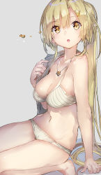 Rule 34 | 1girl, :o, barefoot, bikini, blonde hair, breasts, cleavage, collarbone, grey background, hair ornament, hairclip, jewelry, large breasts, long hair, looking at viewer, magia record: mahou shoujo madoka magica gaiden, mahou shoujo madoka magica, navel, necklace, open mouth, ponytail, simple background, sitting, solo, swimsuit, very long hair, white bikini, yellow eyes, yusa hazuki, yuugen