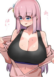 Rule 34 | 1girl, bare shoulders, blue eyes, bocchi the rock!, breasts, cleavage, collarbone, dot nose, facing viewer, female focus, gotoh hitori, jacket, japanese text, large breasts, long hair, looking at viewer, navel, open clothes, open jacket, open mouth, pink hair, shiny skin, side ponytail, solo, sweat, toudori, undressing, upper body, white background