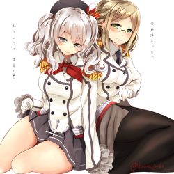Rule 34 | 10s, 2girls, bad id, bad pixiv id, beret, blue eyes, blush, breasts, brown hair, buttons, clothes lift, collared shirt, commentary request, double-breasted, epaulettes, eyelashes, glasses, gloves, green eyes, hat, jacket, kanna (horntp), kantai collection, kashima (kancolle), katori (kancolle), kerchief, large breasts, light smile, long hair, looking at viewer, military, military uniform, miniskirt, multiple girls, necktie, pantyhose, parted bangs, pleated skirt, shirt, sidelocks, silver hair, simple background, sitting, skirt, skirt lift, smile, tareme, thighs, translated, twintails, twitter username, uniform, wavy hair, white background, white gloves, wide hips, yokozuwari