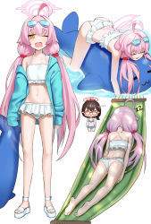 Rule 34 | 2girls, absurdres, afloat, ahoge, ass, ayane (blue archive), ayane (swimsuit) (blue archive), bare back, bikini, bikini top only, black hair, blue archive, chibi, commentary request, frilled bikini, frills, glasses, hair between eyes, hair bobbles, hair ornament, halo, hammock, heterochromia, highres, hoshino (blue archive), hoshino (swimsuit) (blue archive), ildy, in water, long hair, looking at another, looking at viewer, low twintails, lying, medium hair, multiple girls, navel, ocean, official alternate costume, on stomach, pink hair, pointy ears, sandals, shoulder blades, sidelocks, simple background, sleeping, stomach, stuffed whale, swimsuit, twintails, white bikini, zzz