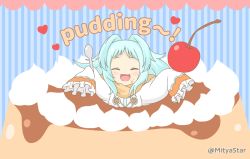 Rule 34 | 1girl, :d, ^ ^, blue background, blue hair, blush, brown scarf, cherry, chibi, closed eyes, commentary request, cream, english text, facing viewer, food, food on face, fruit, holding, holding spoon, in food, jacket, long hair, long sleeves, mini person, minigirl, mitya, miyako (princess connect!), open mouth, princess connect!, pudding, scarf, sleeves past fingers, sleeves past wrists, smile, solo, spoon, striped, striped background, twitter username, two side up, vertical stripes, white jacket