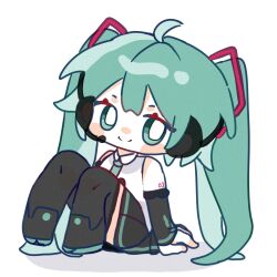 Rule 34 | 1girl, ahoge, aqua eyes, aqua hair, aqua necktie, arms at sides, bad bcy id, bad id, black footwear, black skirt, boots, chibi, collared shirt, detached sleeves, hatsune miku, head tilt, headphones, knee boots, knees up, looking at viewer, necktie, sanhu (bcy 1381462182992632), shirt, simple background, sitting, skirt, sleeveless, sleeveless shirt, smile, solo, split mouth, vocaloid, white background, white shirt