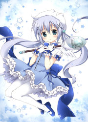 Rule 34 | 1girl, adapted costume, animal hat, blue bow, blue bowtie, blue dress, blue eyes, blue footwear, blue hair, blush, bow, bowtie, character hat, collared shirt, commentary request, dress, flat chest, frilled dress, frills, full body, gloves, gochuumon wa usagi desu ka?, hair between eyes, hair ornament, hairclip, hat, holding, holding staff, jumping, kafuu chino, korie riko, light blue hair, long hair, looking at viewer, magical girl, mary janes, pantyhose, parted lips, puffy short sleeves, puffy sleeves, rabbit hat, shirt, shoes, short sleeves, sidelocks, solo, spoon, staff, star (symbol), tippy (gochiusa), twintails, two-tone background, undershirt, very long hair, white gloves, white hat, white pantyhose, white shirt, wing collar, x hair ornament