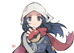 Rule 34 | 1girl, absurdres, akari (pokemon), black hair, black shirt, closed mouth, commentary, creatures (company), floating hair, floating scarf, game freak, grey eyes, grey jacket, head scarf, highres, holding, holding poke ball, jacket, logo, long hair, looking at viewer, nintendo, poke ball, poke ball (legends), pokemon, pokemon legends: arceus, red scarf, scarf, shirt, solo, symbol-only commentary, toukashi (2tou9), upper body, white background, white headwear