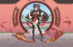 Rule 34 | 1girl, ahoge, bare shoulders, black legwear, blush, brown hair, chinese clothes, clenched hands, closed mouth, collarbone, covered collarbone, double bun, earrings, fire, fysc, gauntlets, grass, hair bun, highres, jewelry, kanji, long hair, mecha musume, mechanical, orange eyes, original, outdoors, red footwear, science fiction, sketch, solo, turtleneck