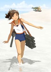 Rule 34 | 1girl, :d, aichi m6a seiran, aircraft, airplane, bare arms, bare legs, bare shoulders, beach, blue one-piece swimsuit, blue sky, brown eyes, brown hair, cloud, collarbone, competition school swimsuit, day, full body, horizon, i-401 (kancolle), kantai collection, kontanro, looking at viewer, motion blur, ocean, one-piece swimsuit, open mouth, orange sailor collar, parasite aircraft, ponytail, propeller, rigging, sailor collar, sand, school swimsuit, seaplane, shadow, shirt, shore, short hair, sky, sleeveless, sleeveless shirt, smile, solo, sunlight, swimsuit, swimsuit under clothes, tareme, thigh gap, walking, water, white shirt
