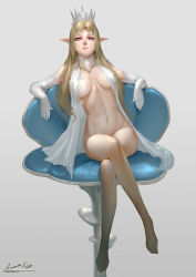 Rule 34 | 1girl, ariverkao, blonde hair, bottomless, breasts, crossed legs, crown, elbow gloves, gloves, grey background, large breasts, legs, long hair, looking at viewer, navel, original, pink background, pink eyes, pointy ears, simple background, sitting, solo, thighs