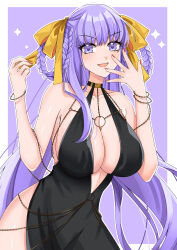 1girl absurdres bare_shoulders bb_(fate) bb_dubai_(fate) belly_chain black_dress blush bracelet braid braided_hair_rings breasts center_opening cleavage dress fate/grand_order fate_(series) hair_ribbon hair_rings highres jewelry jmfz5558 large_breasts long_hair looking_at_viewer necklace open_mouth purple_eyes purple_hair ribbon side_slit smile solo twin_braids very_long_hair yellow_ribbon