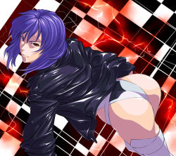 Rule 34 | 1girl, ass, ats (ats2nd), boots, female focus, ghost in the shell, ghost in the shell stand alone complex, highleg, highleg leotard, highres, jacket, kusanagi motoko, leather, leather jacket, leotard, looking at viewer, looking back, purple hair, red eyes, serious, short hair, solo, thigh boots, thighhighs, thighs